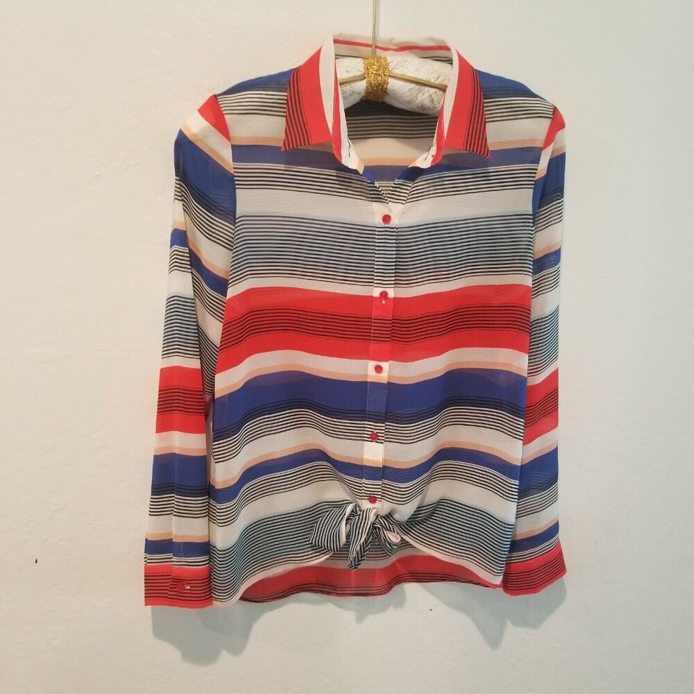 Laundry By Shelli Segal Womens Medium Striped Tie Front Shirt Top Long Sleeve